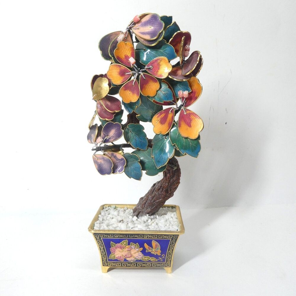 Cloisonne Enamel Brass Bonsai Tree w/ Pot Colorful Flowers 8" Vintage